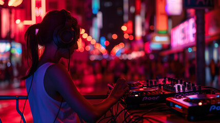 In the heart of the action, a DJ commands the decks with finesse, manipulating sounds on a...