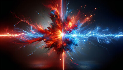 赤と青の雷. バーサス背景. Red and blue lightning. Versus background. AI generated.