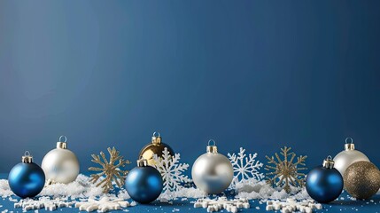 blue christmas background with snowflakes and christmas balls. Copy space backgrounds