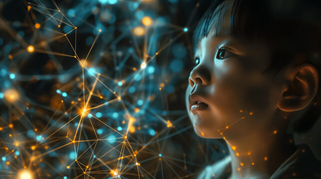 In a world illuminated by the glow of futuristic technology, a child observes with fascination as glowing lines and dots intertwine to form a complex network, offering a glimpse in