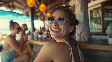Close-up: Amidst the vibrant energy of the seaside, a young woman in sunglasses sits at the beach bar, her smile lighting up her face as she enjoys the company of friends and the b