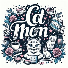 A cat with a cup of coffee and fl realistic lively used for printing card design illustrator.