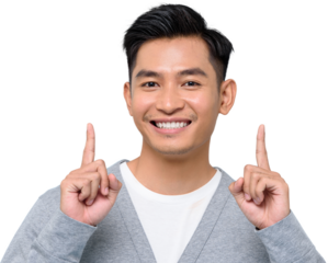 Handsome southeast Asian man smiling and pointing hands up PNG file no background 