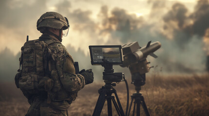 Fototapeta premium Amidst the buzz of activity on the battlefield, a soldier stands resolutely next to an advanced air defense system, his gaze locked on the tablet in his possession, which empowers