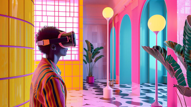 Afrofuturist man wearing virtual reality headset in a surreal colorful room, exploring new realities and possibilities in vivid virtual world.