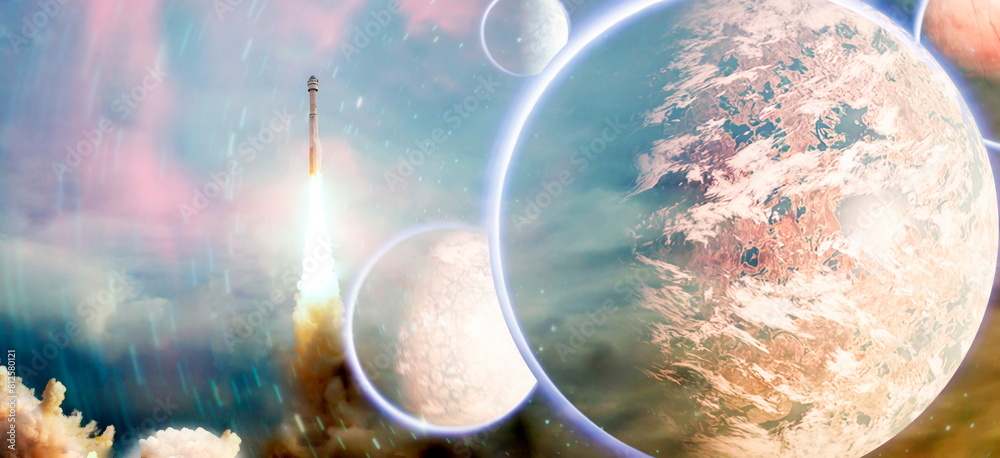 Wall mural rockets launch into space on the starry sky. spacecraft flies into space with clouds of smoke. eleme