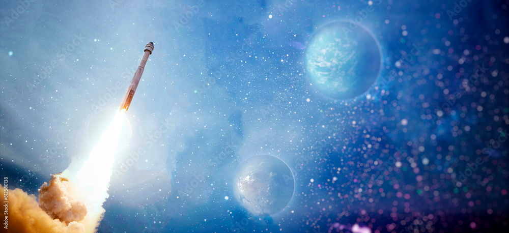 Wall mural rockets launch into space on the starry sky. spacecraft flies into space with clouds of smoke. eleme