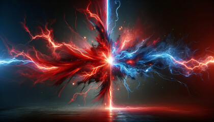 赤と青の雷. バーサス背景. Red and blue lightning. Versus background. AI generated.