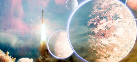 rockets launch into space on the starry sky. spacecraft flies into space with clouds of smoke. Elements of this image furnished by NASA