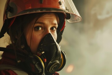 Fototapeta premium Female firefighter with intense gaze wears a respirator mask amidst atmospheric smoke