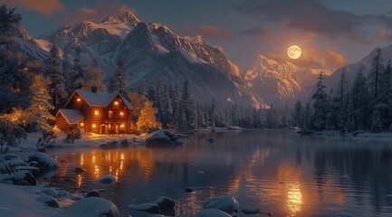night, house by the river in front of snowy mountains, moonlight, photorealistic, high resolution photography