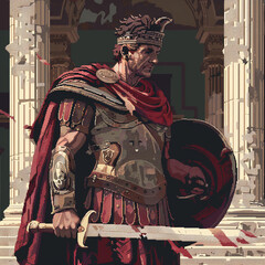 Obraz premium A pixelated Roman soldier stands in front of a temple, his sword drawn and his shield raised, ready to defend his empire.
