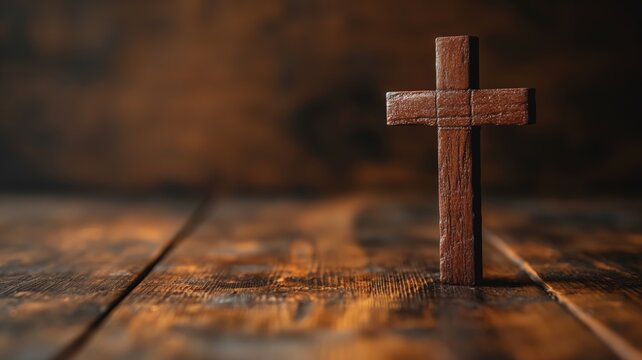 Wooden cross on rustic wooden surface