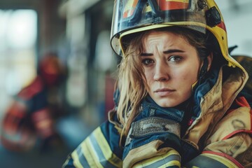 An evocative shot of a young female firefighter with a solemn expression, helmet and protective fire gear, looking pensive