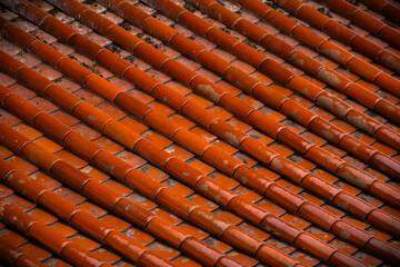 Roof tile seamless pattern for house covering in red,Close up Detail of Perfect roof red tiles texture,Red roof background image,wide panorama of tile roof.