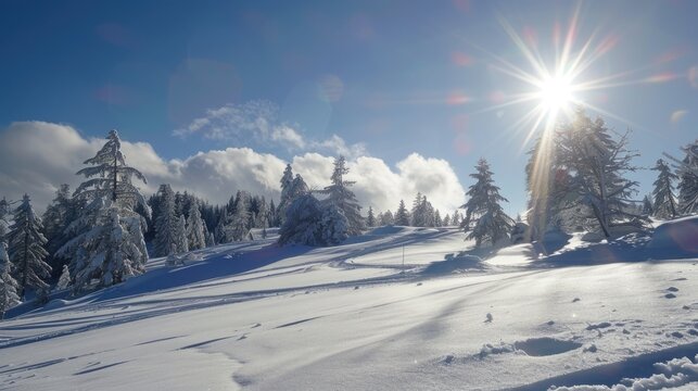 Day filled with bright sunshine at a skiing destination
