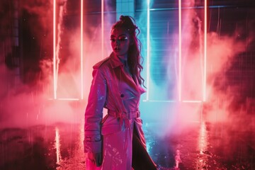 Obraz premium A figure with a blurred face stands amidst a neon-lit setting with a trench coat, projecting a sense of enigma