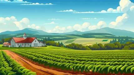Fototapeta premium Agricultural landscape with green fields of crops and farmhouse