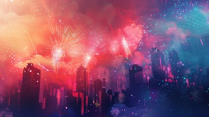 An abstract background with fireworks bursting over a city skyline, creating a stunning and vibrant display of light and color that captures the essence of the holiday
