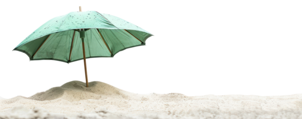 A green parasol is stuck in the sand on the beach, transparent background and horizon