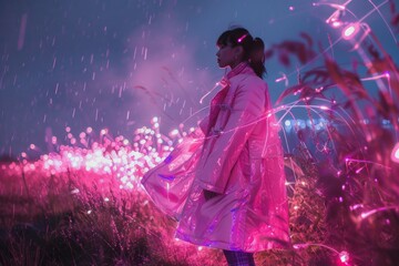 Wearing a VR headset, a person stands among tall grass lit by a network of pink glowing lights under a twilight sky