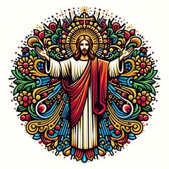 Fototapeta premium A colorful drawing of a jesus christ with his arms out image lively card design illustrator.