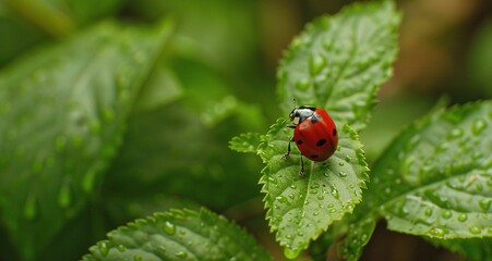 A closeup of the red ladybug on a green leaf.
