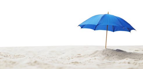 A blue parasol is stuck in the sand on the beach, transparent background and horizon