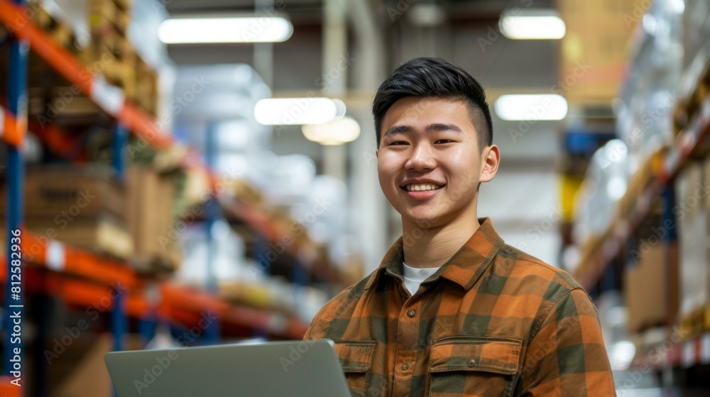 Wall mural Young man smiling at camera wearing plaid shirt standing in front of warehouse shelves stocked with boxes.