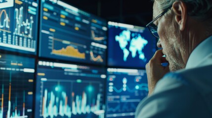 An pensive looking man staring at multiple computer screens filled with data and graphs.