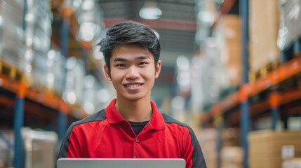 Young man in red shirt smiling at camera in warehouse setting with high shelving in background.