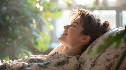 A joyful person lying down smiling with eyes closed in a cozy room with soft light and plants feeling relaxed and content.