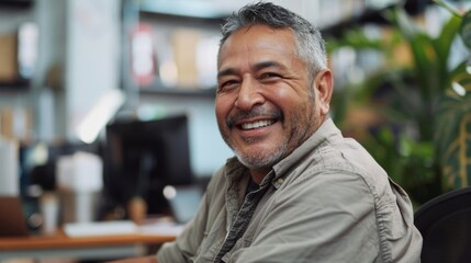Smiling man with gray beard in office setting wearing button-up shirt sitting at desk with blurred computer monitors and plants in background.
