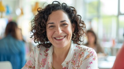 Smiling woman with curly hair wearing floral blouse in a brightly lit blurred indoor setting.