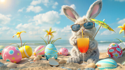 A cute cartoon rabbit wearing sunglasses is drinking a cocktail on a tropical beach, surrounded by...