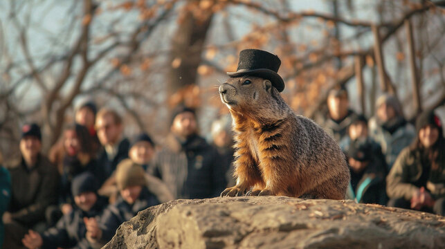 Top hat wearing groundhog stands on a rock in front of a crowd of people