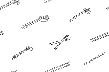 Seamless pattern of different chopsticks used in Asia in doodle style. Bamboo sticks. Chinese and japanese chopsticks, sushi chopsticks, noodle and rice chopsticks. Hand drawn