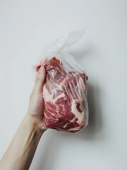 A hand holding a plastic bag with meat inside on a white background