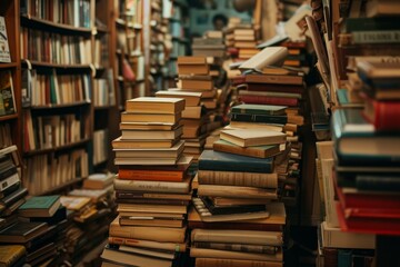 Piles of assorted old books line the shelves of a charming, dimly-lit secondhand bookshop