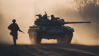 silhouette of american tank and soldiers advancing in foggy sunrise
