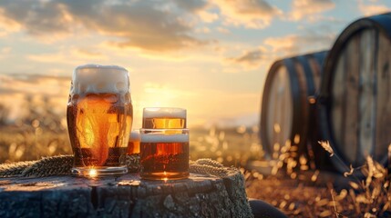 Beer keg with glasses of beer on rural countryside background. copy space