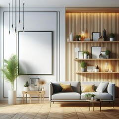A Room with a template mockup poster empty white and with a couch and shelves image art realistic used for printing.