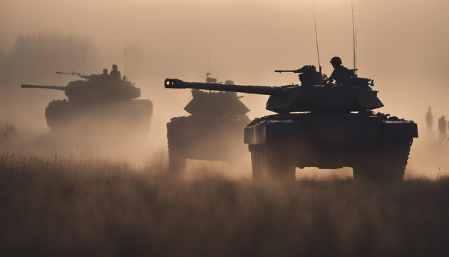 silhouette of american tank and soldiers advancing in foggy sunrise
