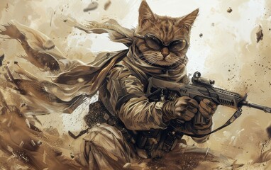 A cat, adorned in a soldier's outfit, stands proudly in the foreground. The feline is wearing a bandana and holding a gun, portraying a whimsical juxtaposition of a cat in a warrior's role.