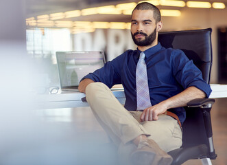 Business, thinking and man at desk, laptop and opportunity with decision, solution and problem...