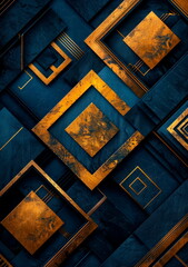 Elegant black and dark gold theme, sophisticated dark blue background with gold lettering and geometric patterns.