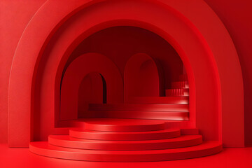 Podium stairs for product display on minimal scene, 3d red stage pedestal template Podium. Generative Ai.