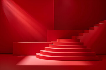 Podium stairs for product display on minimal scene, 3d red stage pedestal template Podium. Generative Ai.