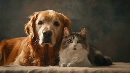 A golden retriever and a white and gray cat pose together for a portrait in a studio as they await adoption