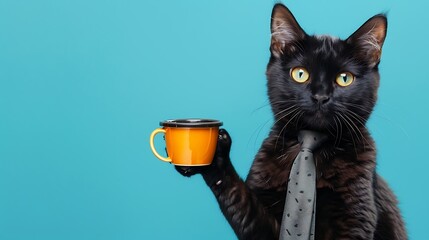 A humorous montage of a black cat in a tie holding a cup of coffee on blue background